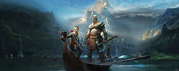 God Of War 4, Mountains, Kratos, Boat, Artwork, Atreus, god of war 4 logo HD wallpaper