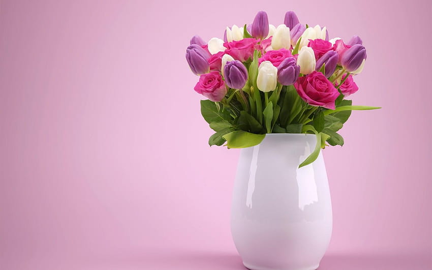花束、バラ、カラフル、花瓶、ピンク、 高画質の壁紙