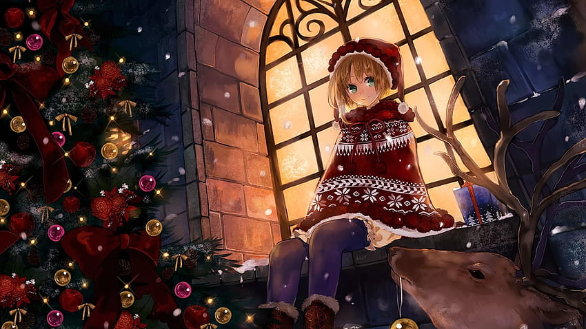 : Blondine, Anime-Mädchen, kurze Haare, Blick auf den Betrachter, Hut, grüne Augen, Lächeln, Originalcharaktere, Weihnachten, Weihnachtsdekoration 1920x1080, Anime-Weihnachtscharaktere HD-Hintergrundbild