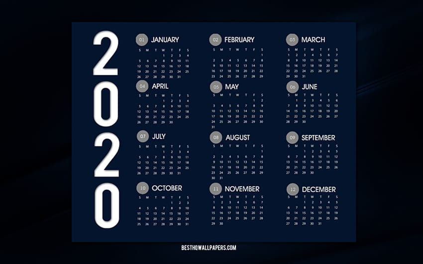 Granatowy kalendarz 2020, wszystkie miesiące..., kalendarz 2020 Tapeta HD