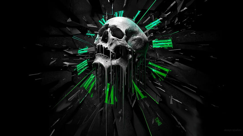 Horloge crâne abstraite, artiste, arrière-plans, crâne et armes à feu avec fond vert Fond d'écran HD