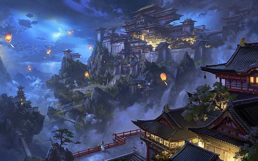 Anime Sky Lantern Mountain Japanese Castle Paisaje nocturno, Japón paisaje  anime fondo de pantalla | Pxfuel