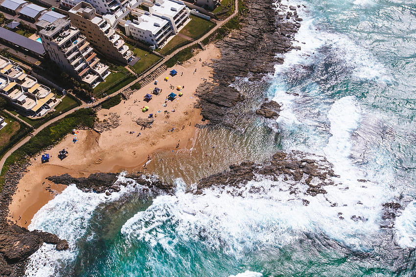 aerial view of beach shore with people, rocky shore drone view HD wallpaper