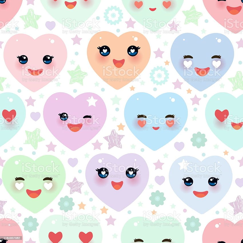 Seamless Pattern Funny Kawaii Heart Pink Yellow Lilac Orange Blue Green On White Backgrounds Valentines Day Card Banner Template Can Be Used For Gift Wrap Fabrics Vector Stock Illustration HD phone wallpaper