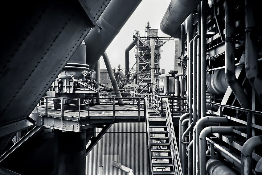 Grayscale graphy of Machine · Stock, industrial factory HD wallpaper