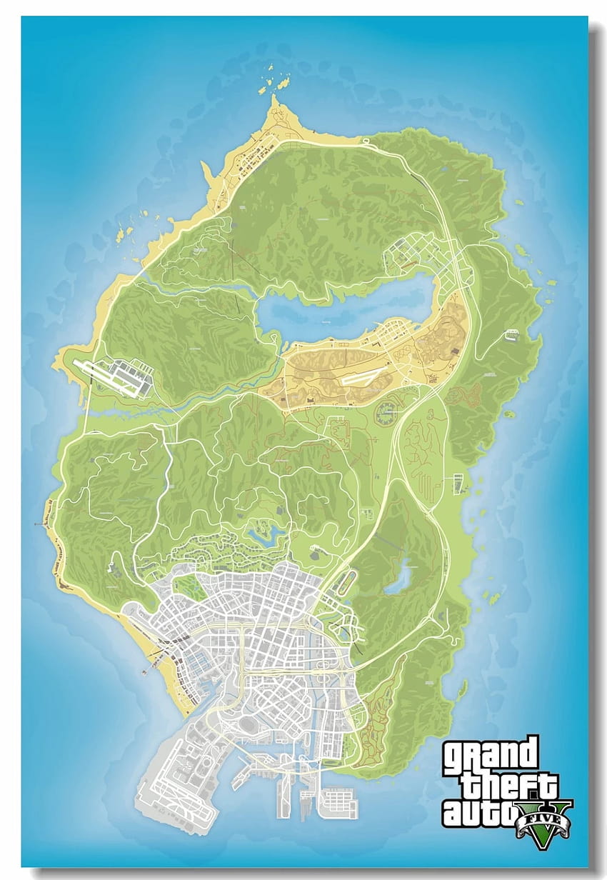 Stampe murali su tela personalizzate GTA V Mappa del gioco Poster Grand Theft Auto San Andres Sticker Adesivi per la decorazione della parete del soggiorno, mappa gta Sfondo del telefono HD