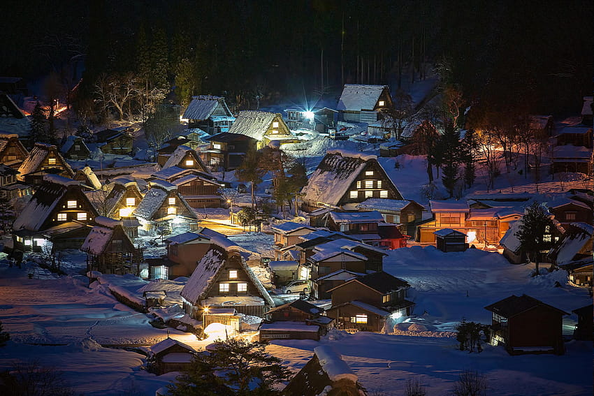 paisaje, naturaleza, invierno, pueblo, noche, nieve, Japón, pueblo de invierno fondo de pantalla