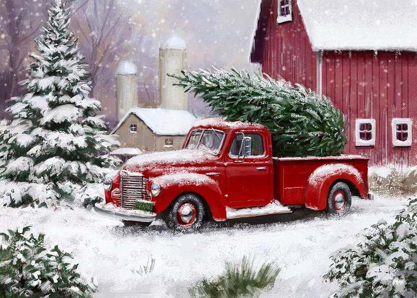 Коледен камион – Изкусна, червена коледна украса за камион HD тапет