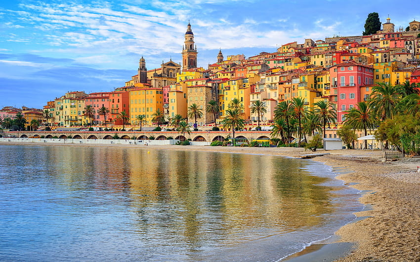 Menton city di Cote d'Azur French Riviera France pantai berpasir di bawah, cote dazur Wallpaper HD