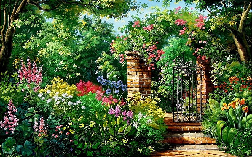 Charming Flowers & Garden Gate, spring garden painting HD wallpaper ...