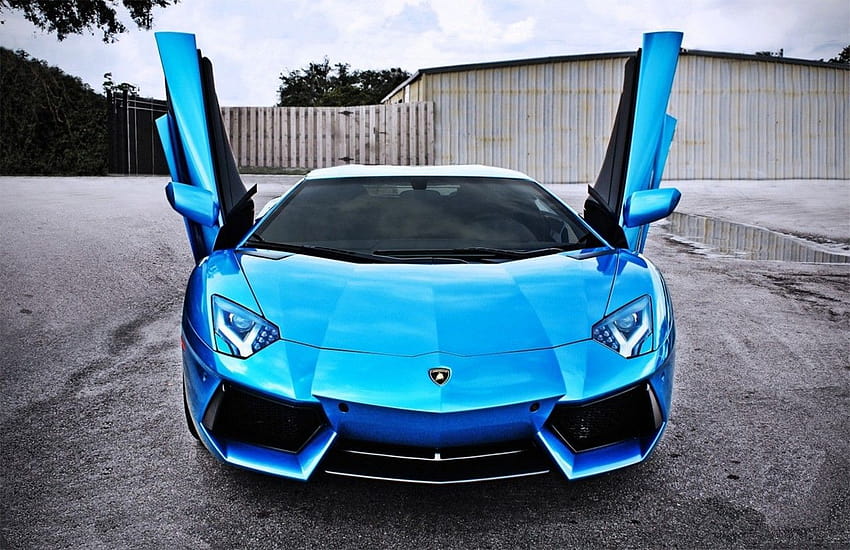 Lamborghini Aventador azul con puerta abierta, puerta lamborghini fondo de pantalla