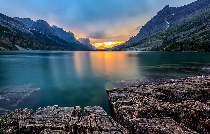 sunset, mountains, lake, stones, rocks, Glacier National Park, Saint Mary Lake, Montana , section пейзажи HD wallpaper