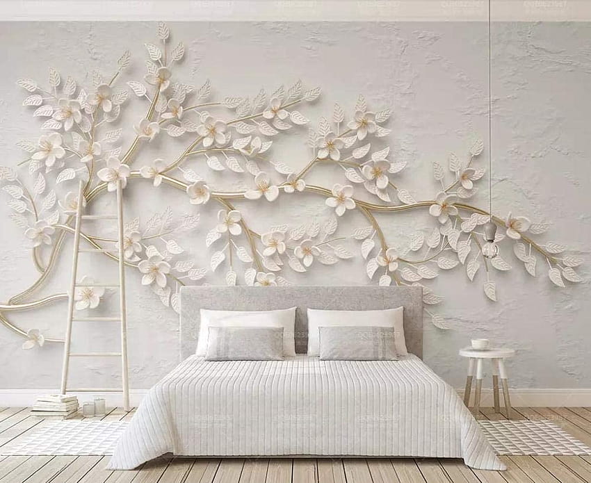3D 황금 가지 흰색 꽃 양각 현대 거실 침실 대형 벽화 벽 장식: 주방 및 식당 HD 월페이퍼