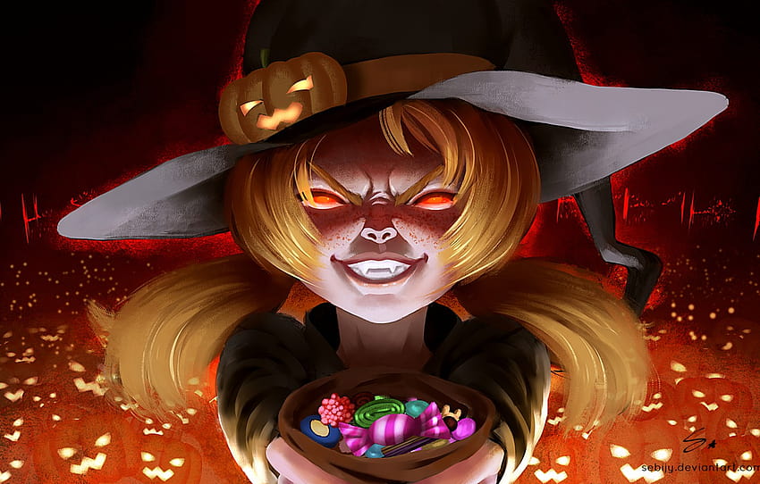 pumpkin, sweets, fangs, girl, bag, halloween, baby, Jack, burning eyes, witch, witch hat, evil eye, red HD wallpaper