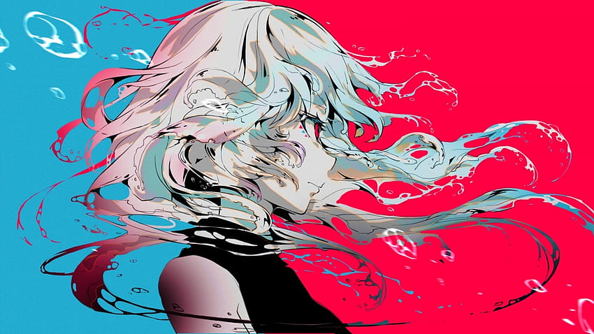 Profilansicht, Anime-Mädchen, graues Haar, polychromatisch, rot und blau, ästhetisches rotes Anime-Mädchen HD-Hintergrundbild