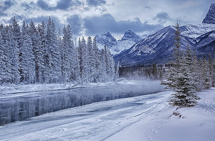 Canada Bow River Nature Winter Mountains Snow Scenery, winter mountain and river HD wallpaper