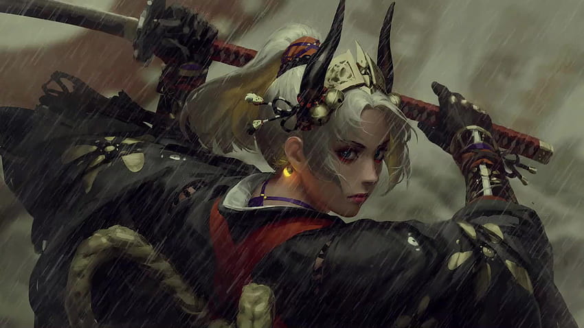 Samurai Girl Rain Live, samurai anime girl HD wallpaper