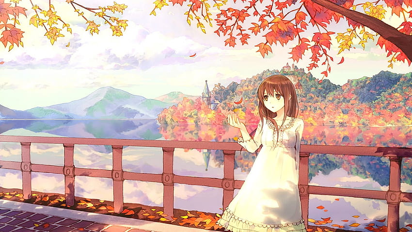 1050627 fall, illustration, mountains, looking away, anime, anime girls, short hair, brunette, open mouth, sky, clouds, brown eyes, original characters, autumn, flower, season, autumn anime HD wallpaper