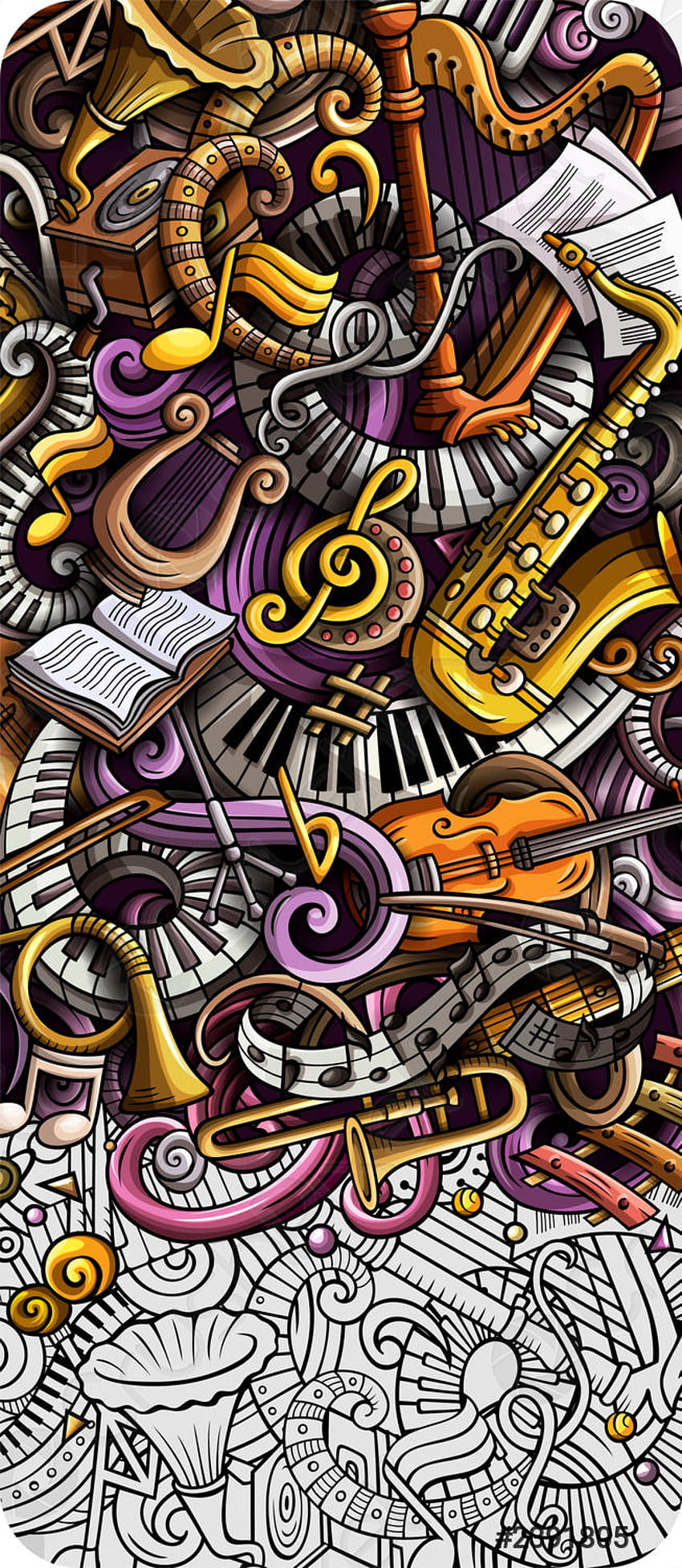Banner di doodle disegnato a mano di musica classica Volantino dettagliato del fumetto, doodle di musica Sfondo del telefono HD