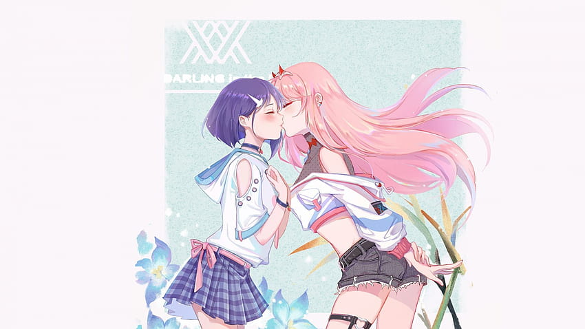 ichigo and zero two, kiss, anime girls, artwork, , background, 9b5a39, zero two pfp HD wallpaper