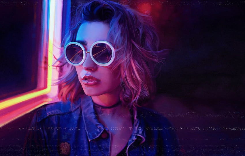Girl, Music, Glasses, Style, Face, Background, 80s, Style, Neon, Illustration, 80's, Synth, Retrowave, Synthwave, New Retro Wave, Sintav , section арт, neon girl HD wallpaper