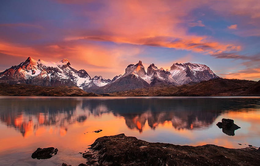 See, Morgen, Chile, Südamerika, Patagonien, Anden, Torres del Paine HD-Hintergrundbild