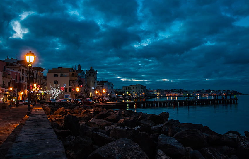 sea, the sky, clouds, landscape, lights, stones, coast, home, the evening, lights, Italy, pierce, Ischia Ponte , section город HD wallpaper