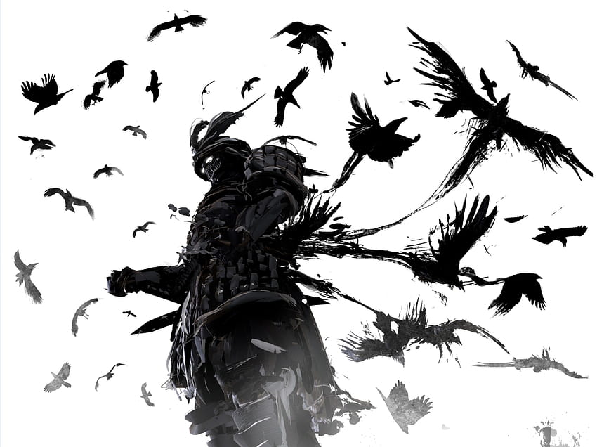 Ronin in terrible armor unwaveringly stands in a whirlwind of crows, samurai and raven HD wallpaper