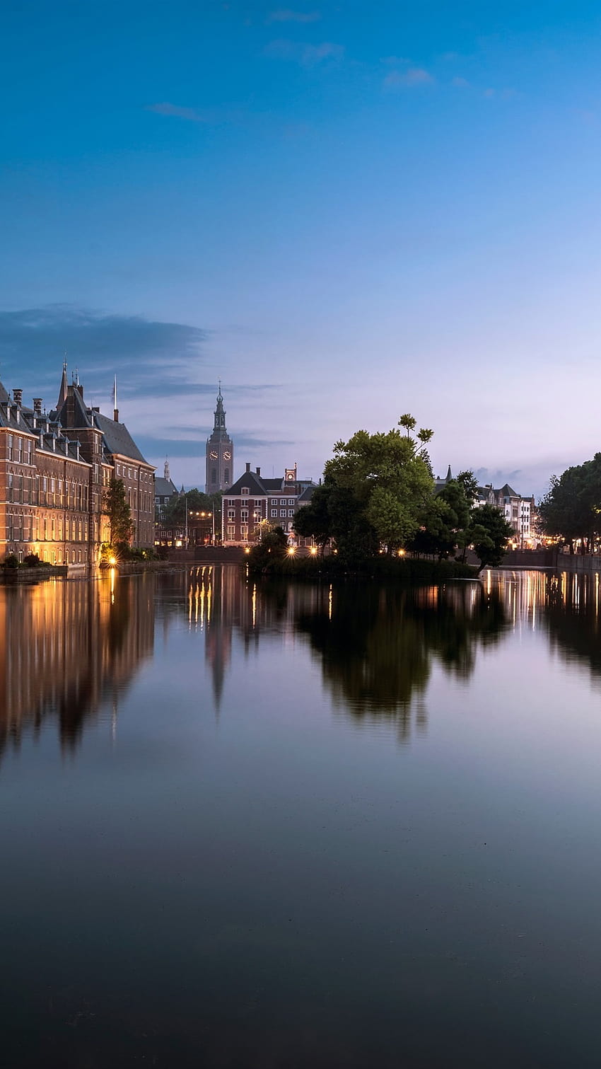Hague, Netherlands, city, lake, buildings, trees, lights, dusk 1080x1920 iPhone 8/7/6/6S Plus , background, the hague HD phone wallpaper