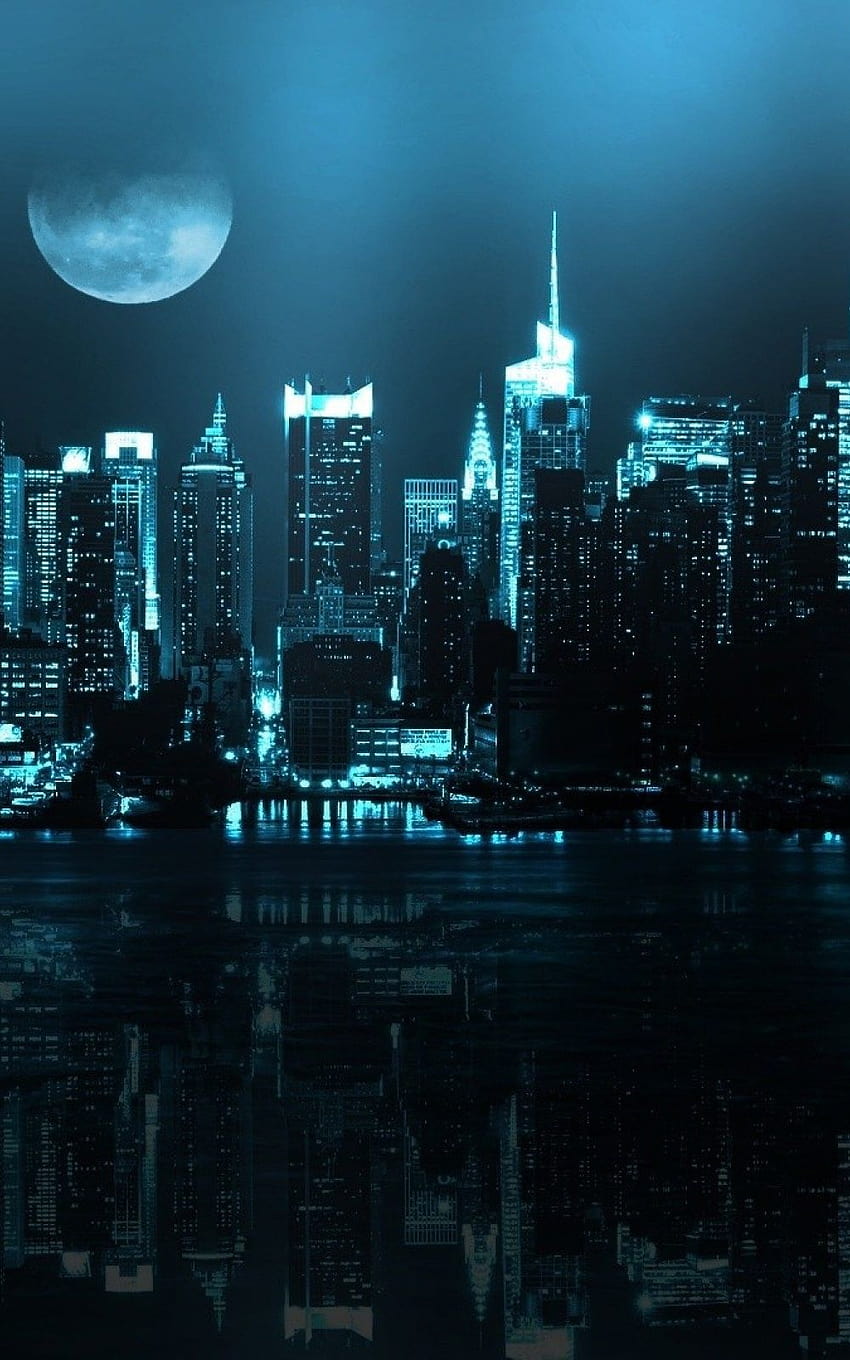 Blue City Skyline Full Moon Android, księżycowy telefon z Androidem Tapeta na telefon HD