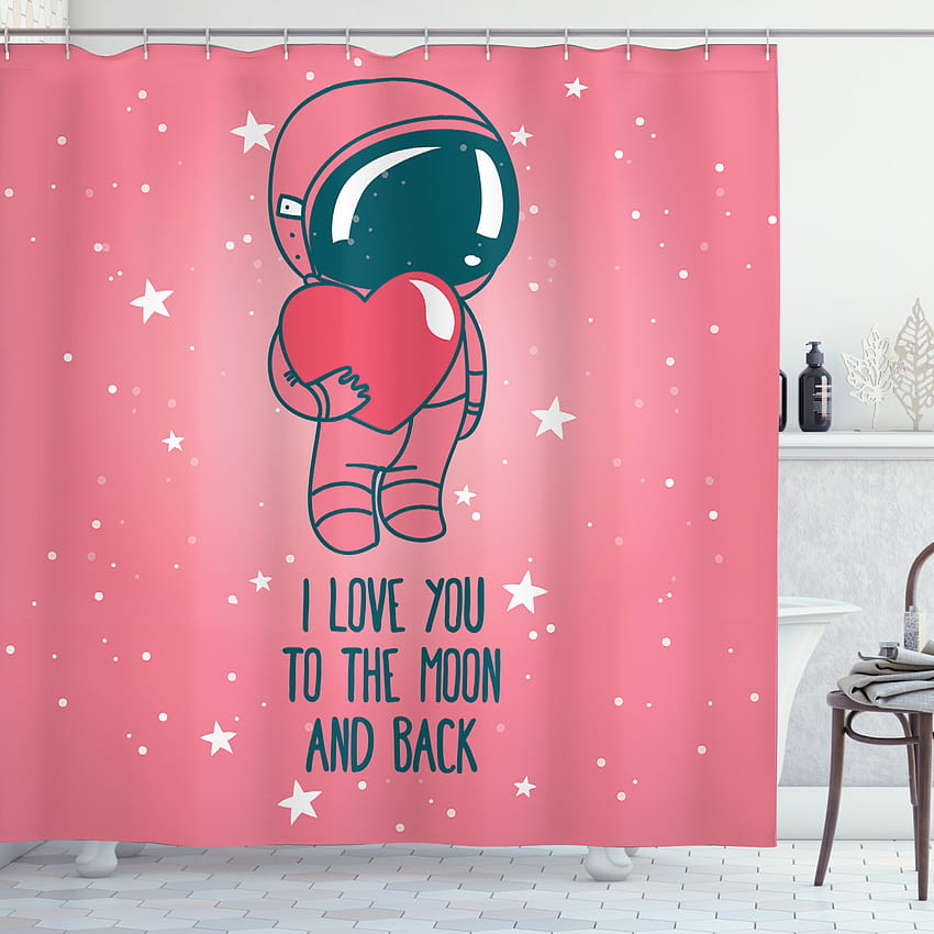 Rideau de douche Saint-Valentin, je t'aime jusqu'à la lune et lettrage au dos avec un astronaute tenant un cœur, ensemble de salle de bain en tissu avec crochets, 69 W x 75 L pouces de long, rose sarcelle foncé, par Ambesonne Fond d'écran de téléphone HD