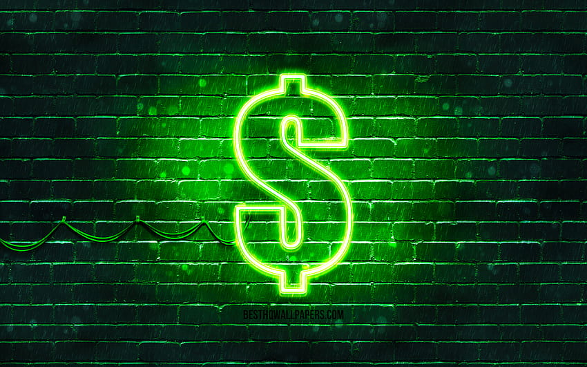 Sinal de dólar verde, tijolo verde, cifrão, sinais de moeda, sinal de néon do dólar, dólar com resolução 3840x2400. Alta qualidade, aplicativo de dinheiro papel de parede HD