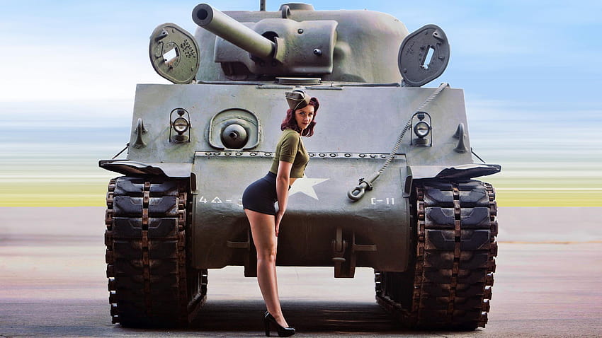 : women, weapon, tank, World War II, pinup models, M4 Sherman, cannon, wheel, combat vehicle, armored car, military vehicle 1920x1080 HD wallpaper