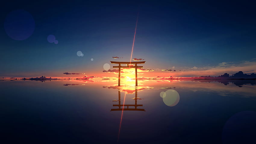鳥居神社 門の風景 夕日の水平線、 高画質の壁紙