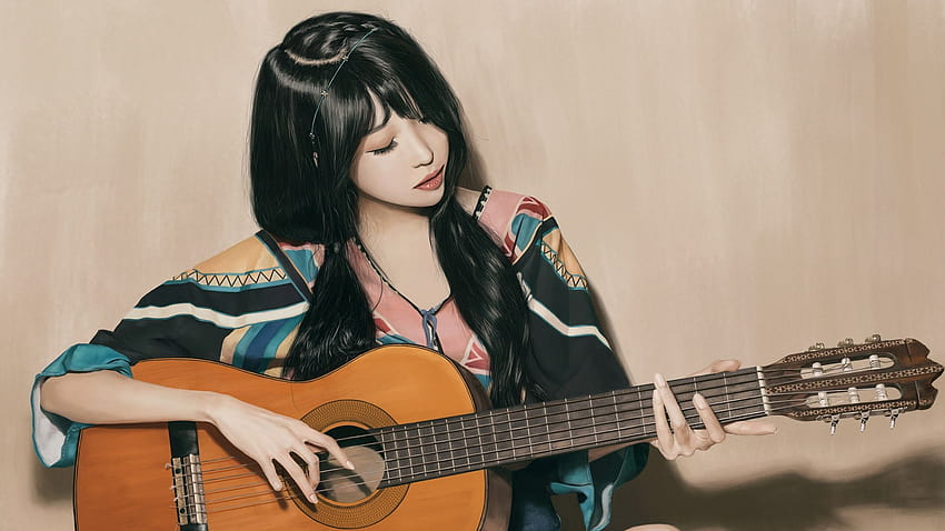 Beautiful Asian girl play guitar 2560x1600 , women playing guitar HD wallpaper