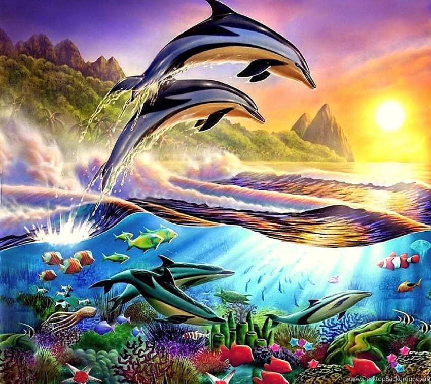 Dauphins Sunset Sea Mountain Dolphin ... arrière-plans, couchers de soleil avec des dauphins Fond d'écran HD