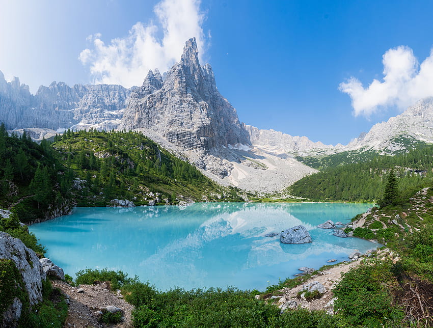 Hiked over a mountain pass to a blue lake under blue skies, lake sorapis dolomites mountains HD wallpaper