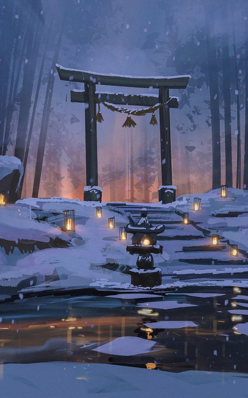 Anime Shrine, winter anime phone HD phone wallpaper