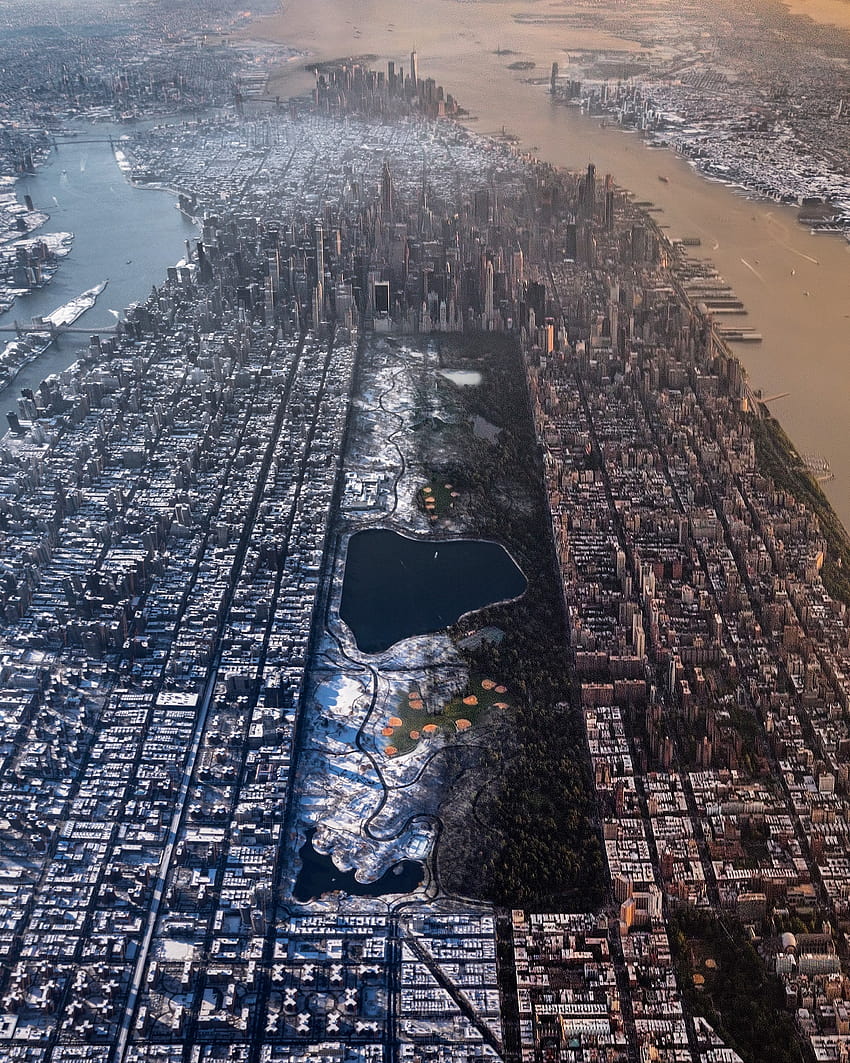 Wirusowy „Half Summer, Half Winter” Manhattan Aerial, zimowy centralny park w Nowym Jorku Tapeta na telefon HD