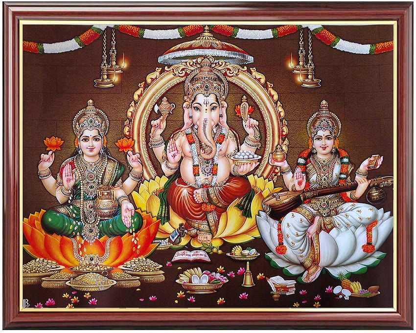 Marco de acrílico de madera sintética juvenil Infomedia, dios ganesh y saraswathi fondo de pantalla