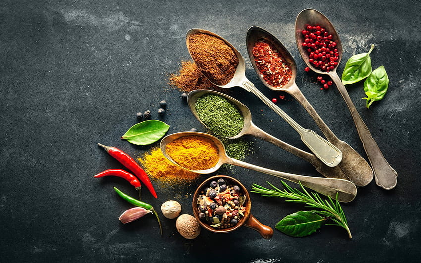 Wariety Of Spices, Pepper, Food, Spoons, Leaves, Food And Drink • For You, spicy food HD wallpaper