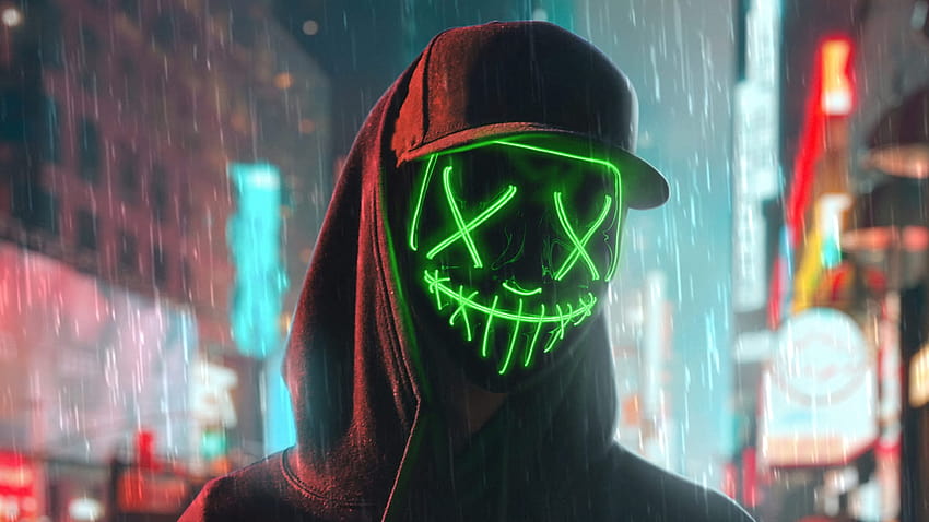 Hoodie Boy Green Neon Mask HD wallpaper