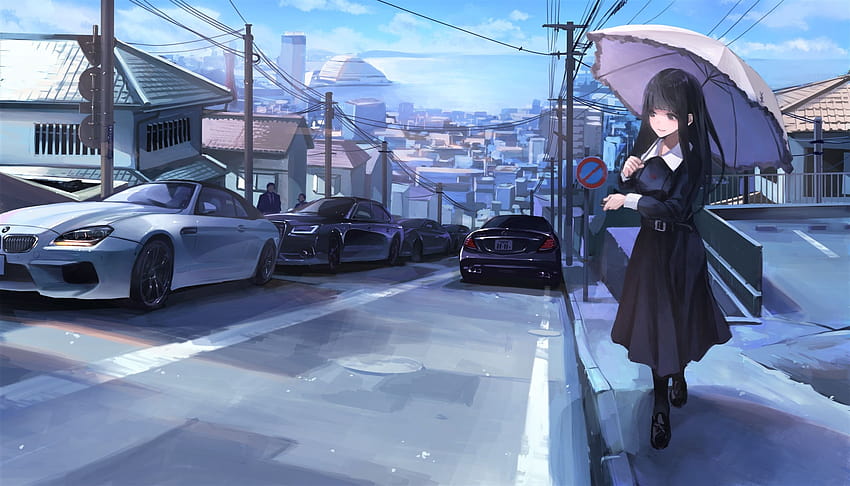 Scenic, Umbrella, Anime Girl, Urban, Buildings, Street, People, Luxury Cars, anime luxury HD wallpaper