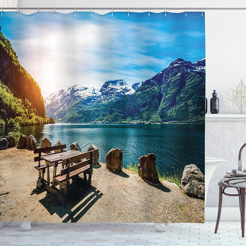 Rideau de douche Ambesonne Nature, paysage de lac scandinave européen par The Mountain Range Adventure Art, ensemble de décoration de salle de bain en tissu avec crochets, 75 Fond d'écran de téléphone HD