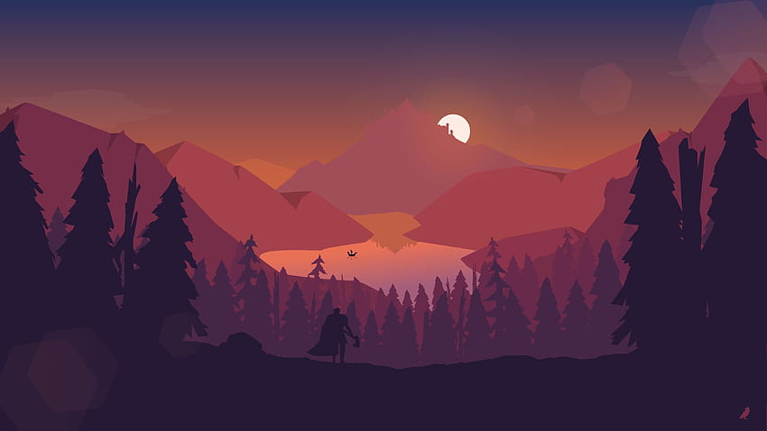 2560x1080 Lake Forest Mountains Illustration 2560x1080, minimalist ...