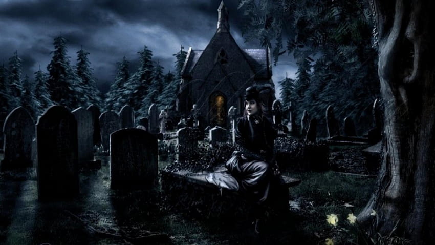Cimitero di tombe gotiche notte oscura alberi, gotico 1920x1080 Sfondo HD