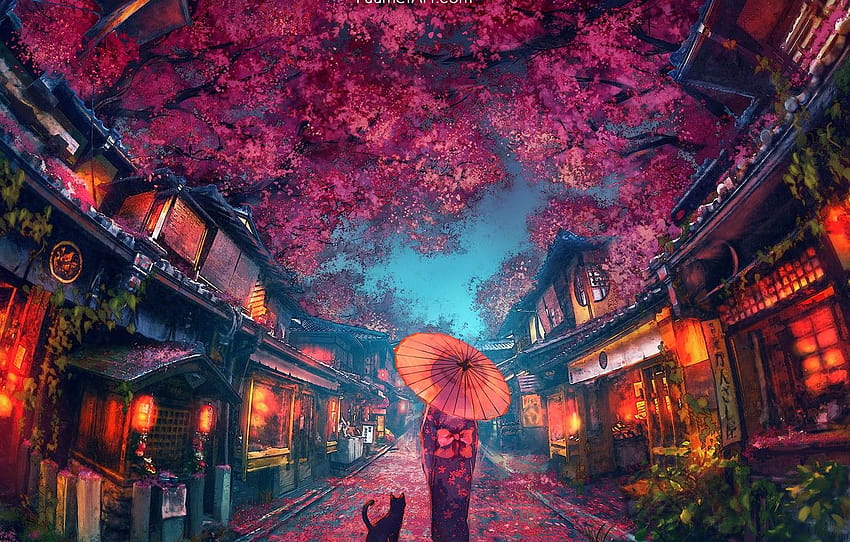 ombrello, Giappone, ragazza, kimono, la luce alle finestre, la città della sera, le lanterne rosse, il gatto nero, i fiori di ciliegio, la strada della città, di Yuumei , sezione арт, giappone pc Sfondo HD