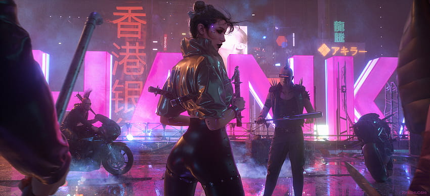 : cyberpunk, bikes, women, Asian, futuristic, science fiction, pink 1920x877 HD wallpaper