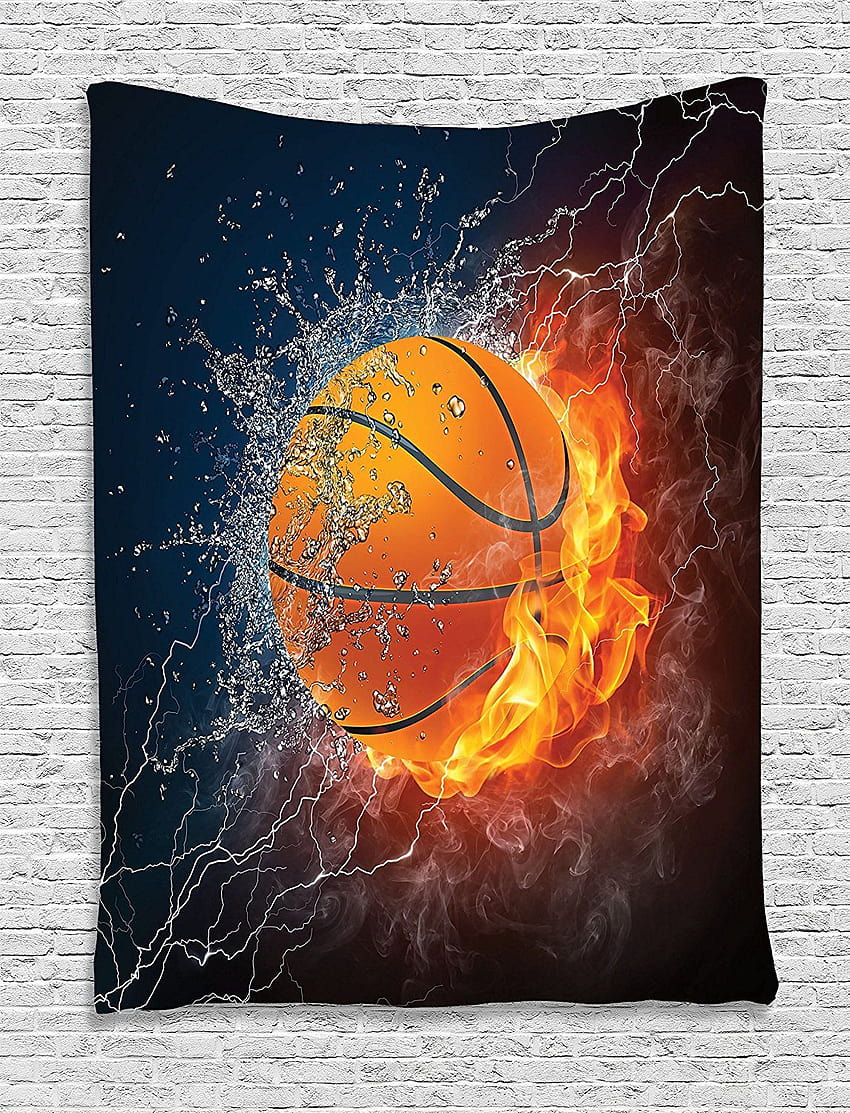 Ambesonne Sport-Dekoration, Basketballball auf Feuer und Wasserflamme, die Donnerlicht spritzt… HD-Handy-Hintergrundbild