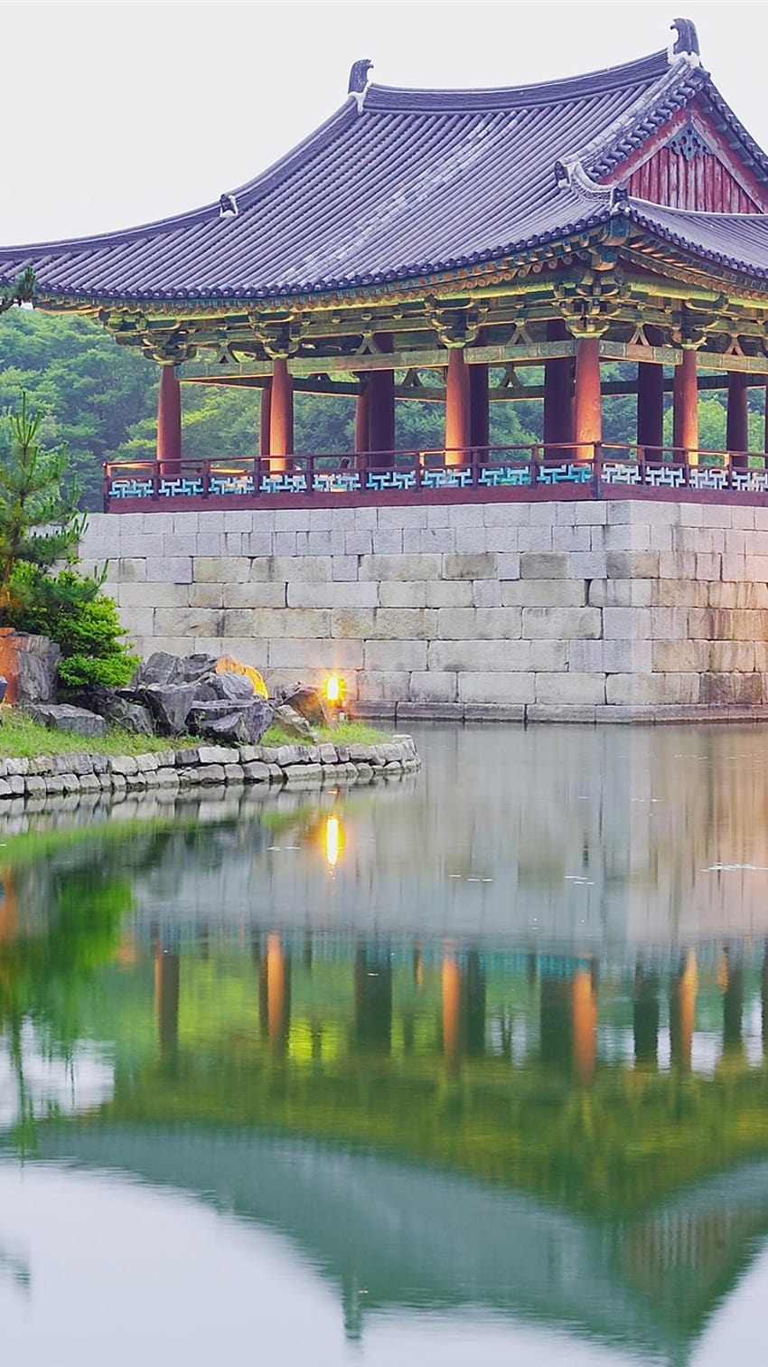 Korea, Park, Pavillon, See, Bäume 750x1334 iPhone 8/7/6/6S, Hintergrund, koreanische Parks HD-Handy-Hintergrundbild